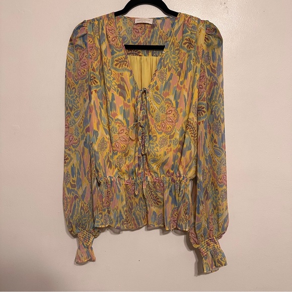 Ramy Brook Evie Paisley Print Tie Front Peplum Sheer Sleeve Blouse Yellow Small - Picture 2 of 5
